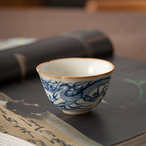 汝窑青龙纹花口杯单杯家用待客品茗杯陶瓷功夫茶具开片可养主人杯 - 封面