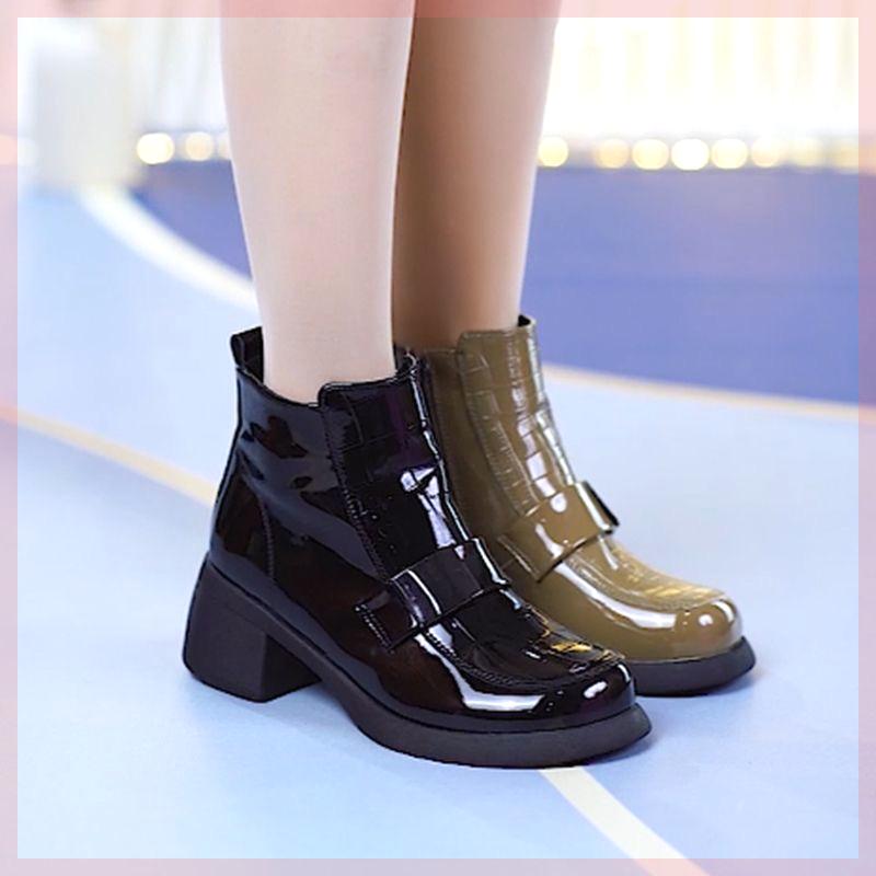 极速漆皮小短靴女粗跟马丁r靴2023年秋冬季新款百搭圆头时装靴QL3