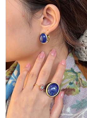 青金石蛋形椭圆耳环女小众高级感银色耳扣耳钉小巧精致百搭耳饰