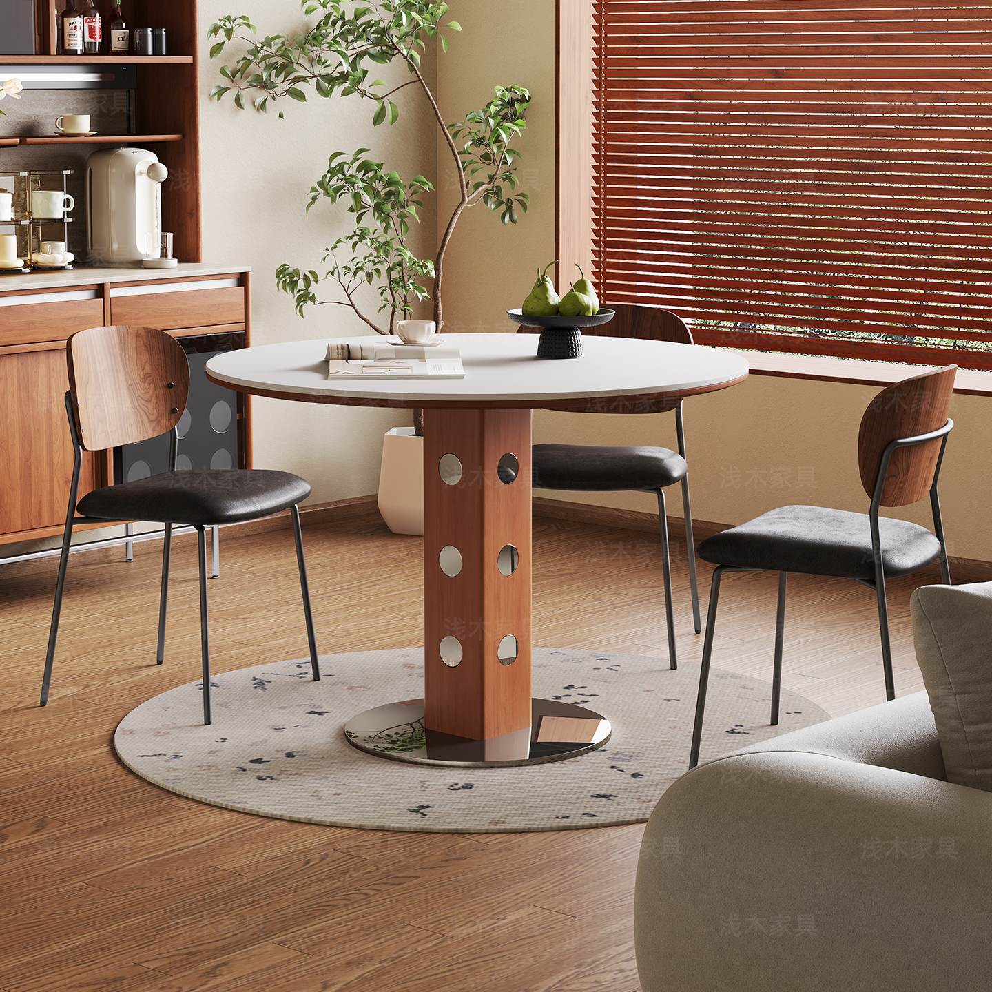 浅木法式复古圆形岩板餐桌椅组合
