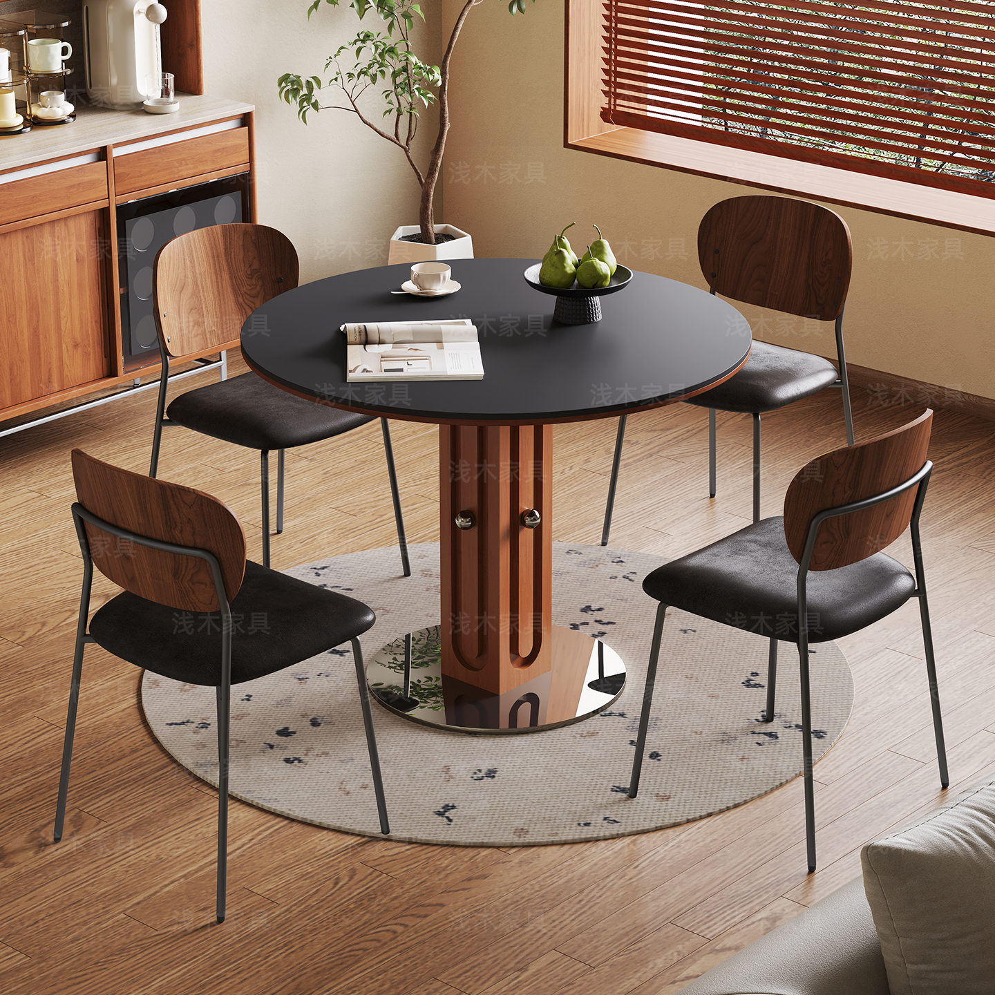 法式复古岩板圆形餐桌椅