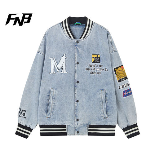 FNB美式高街复古风刺绣棒球服牛仔外套男女款宽松学院派潮流夹克