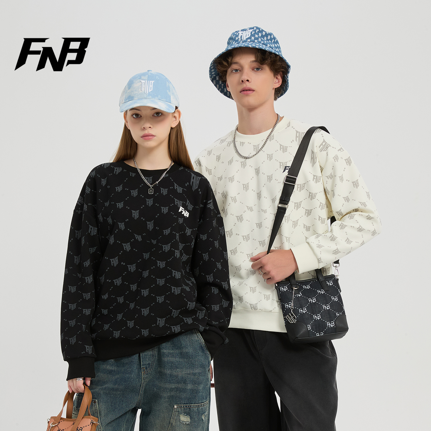 FNB美式潮牌圆领卫衣男女同款秋冬新款老花满印字母刺绣长袖上衣