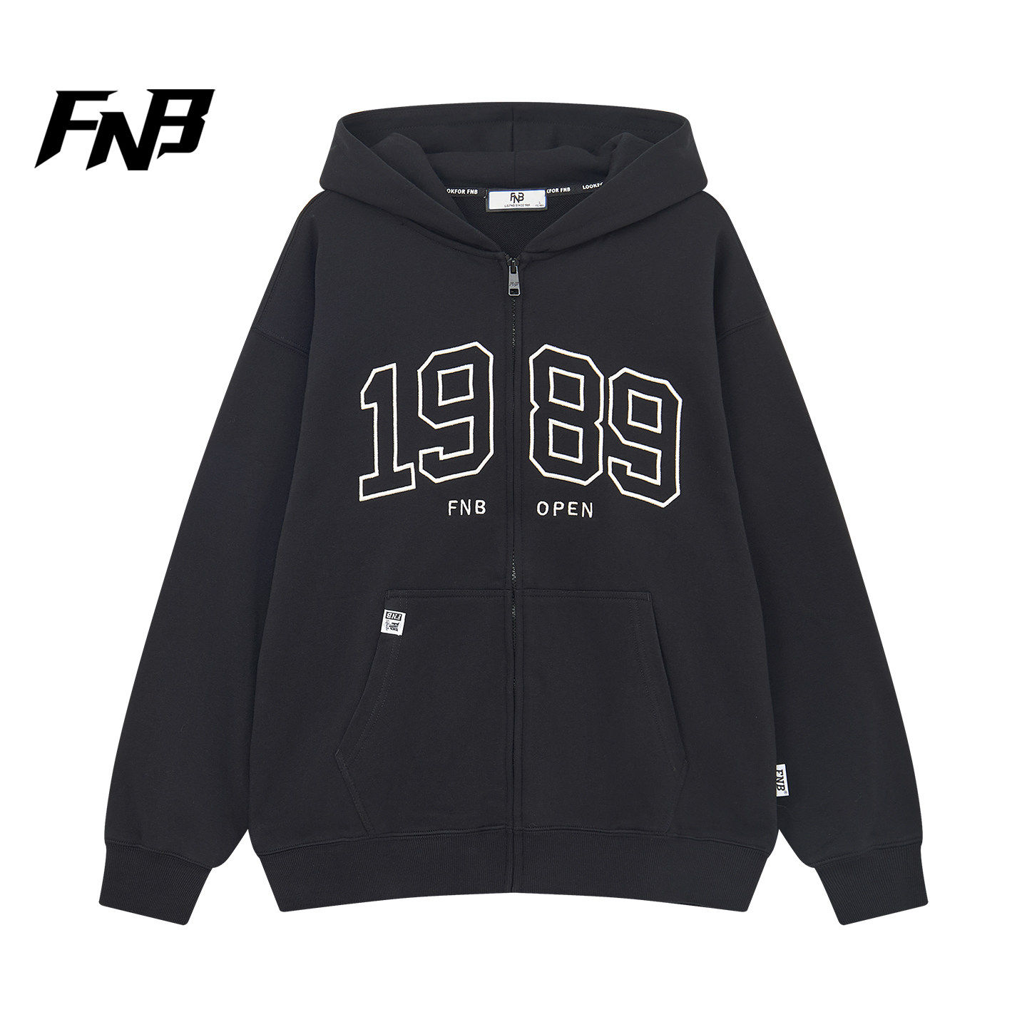 FNB美式复古连帽拉链开衫卫衣男女黑色数字重磅刺绣潮流百搭秋季