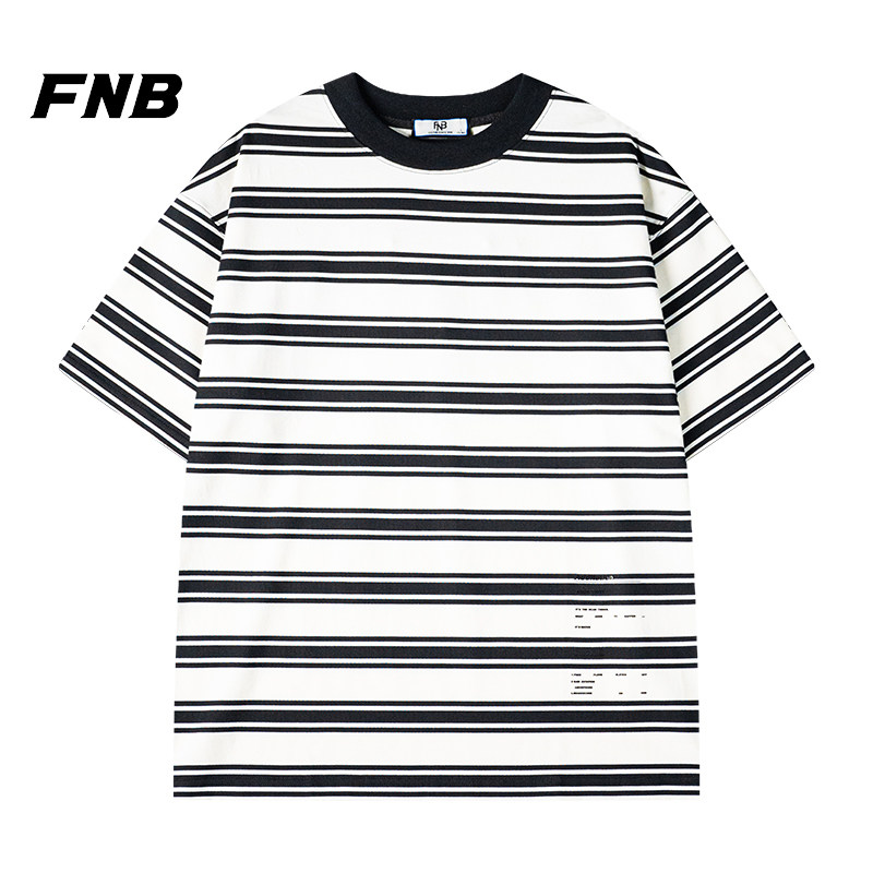 FNB美式潮牌黑白条纹短袖T恤宽松百搭男夏季新款重磅上衣情侣装