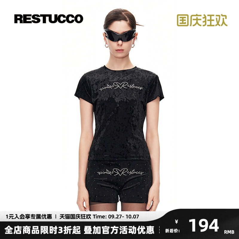 烫钻刺绣丝绒正肩短袖t恤女