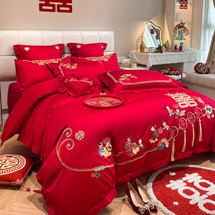 100支婚庆四件套大红色喜被龙凤刺绣被套新婚结婚床上品 爆新中式