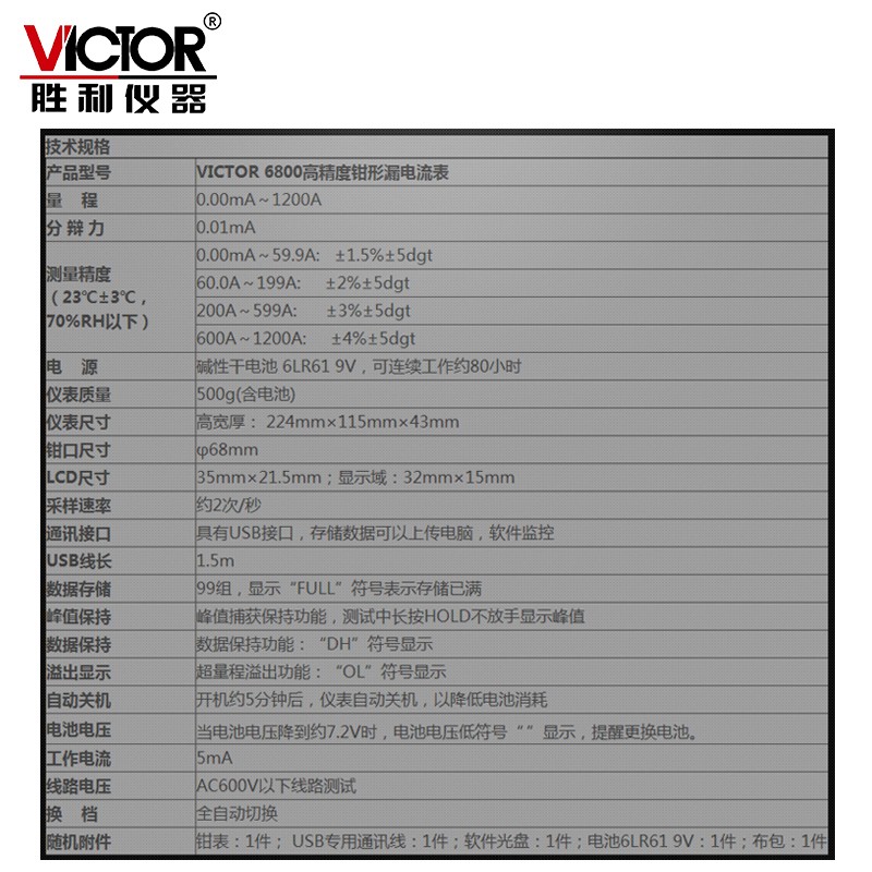 胜利仪器毫安级钳形表VC6800钳形泄漏电流表 泄漏钳形万用表