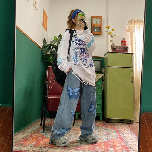 新品Favour Vintage Jeans 2021 Fashion Y2k AestheTtic Print W