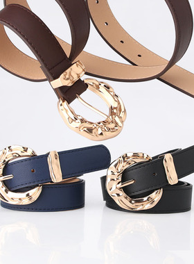 极速New Round Gold Buckle Pu Belt WoGmen Fashion Shiny Pin B