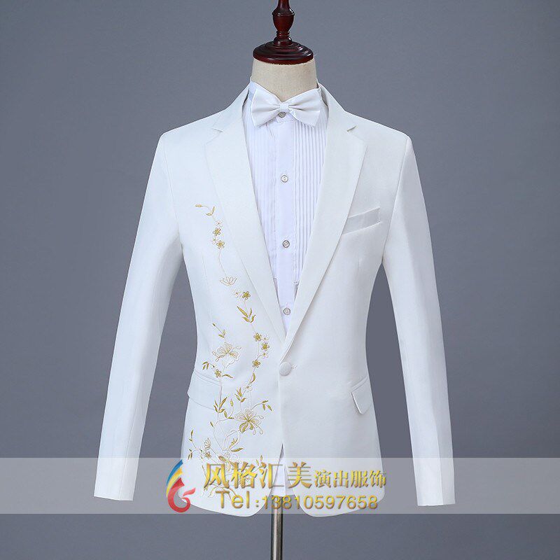 新品白色合唱服装舞台装歌手x男演出服绣花修身舞台司仪礼服西服