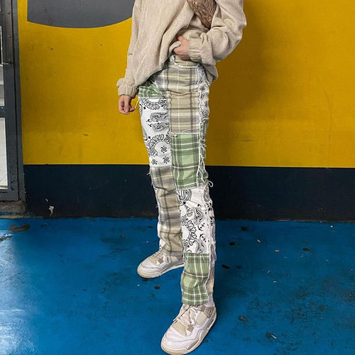 新品Waabtfaak Streetwear Patchwork Jeans Women Cargo Green P