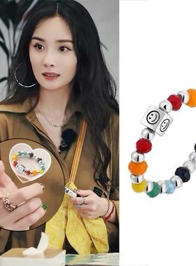 极速韩版时尚彩虹串珠n银戒指女设计小众2203年彩色爱心笑脸食指