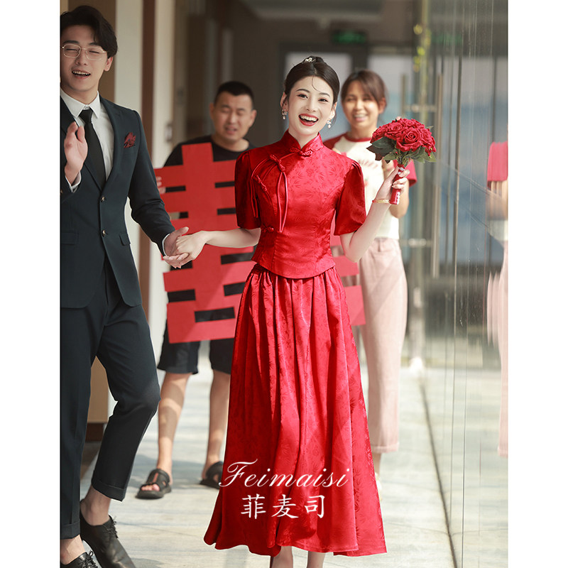 新品新中式d旗袍敬酒服2023酒红色秀禾服两穿新娘新款套装订婚礼图片