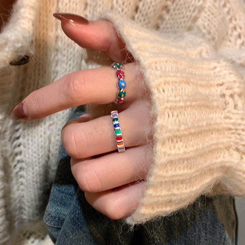 极速彩色滴油小花银戒指女小众设计2023L年新款潮轻奢开口戒指环