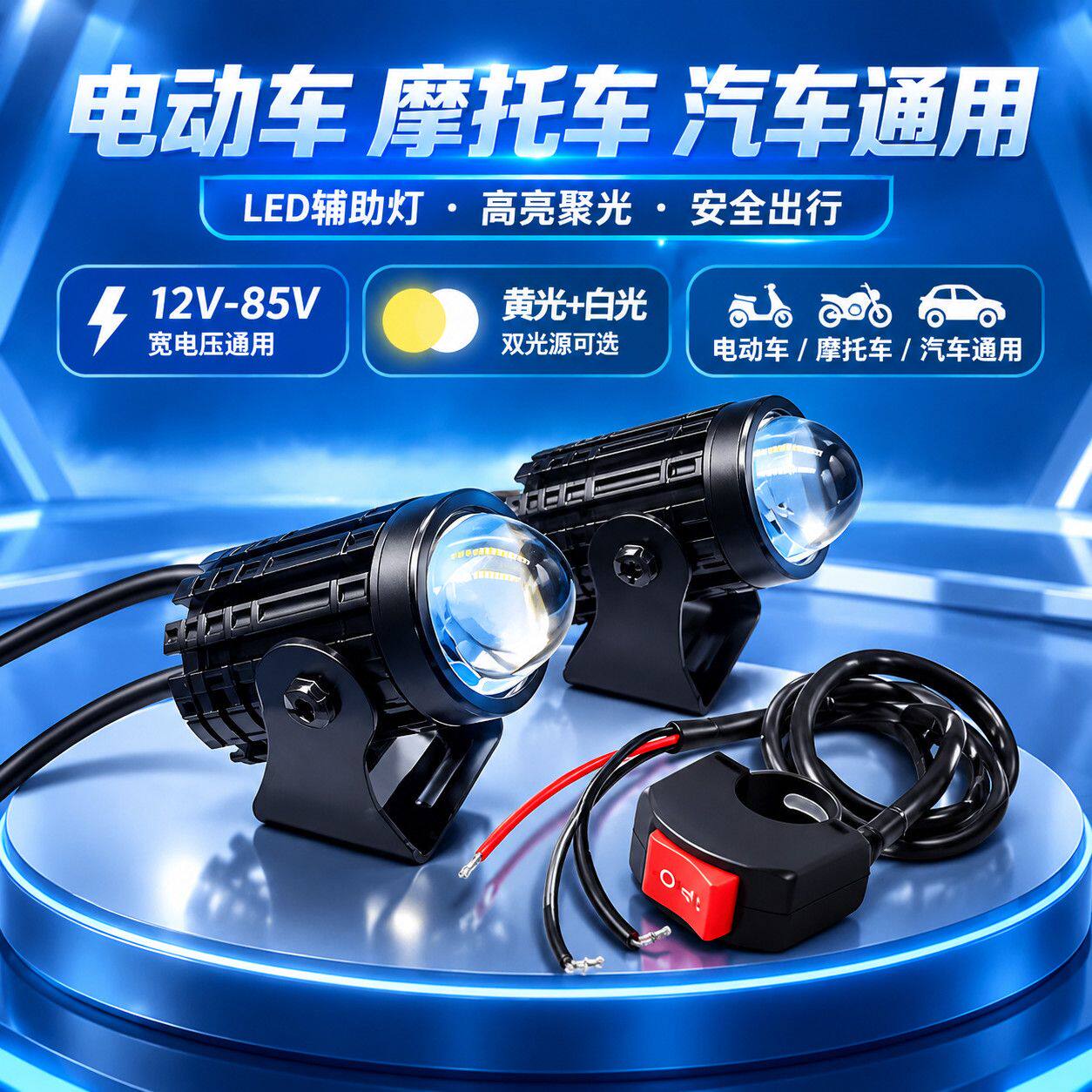通用摩托车改装 led 射灯电动车远近黄白光超亮强光小钢炮车灯
