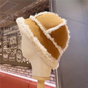 帽子女士冬季网红Lisa同款麂皮拼接盆帽K-Style时髦的卷边渔夫帽