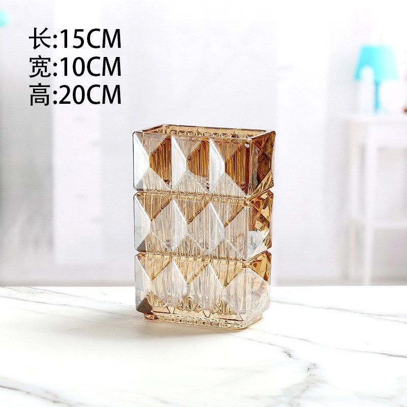 免运璀璨扁方形水晶花瓶玻A璃透明矩形电镀彩色插花花瓶