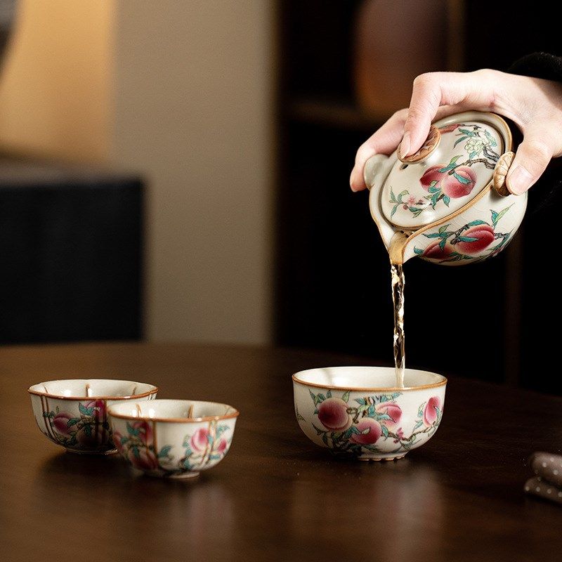 极素汝窑粉彩九桃旅行茶具套装便携式户外陶O瓷茶壶茶杯中式快客,餐饮具,旅行茶具,淘宝优惠券,粉丝福利购,淘宝优惠卷