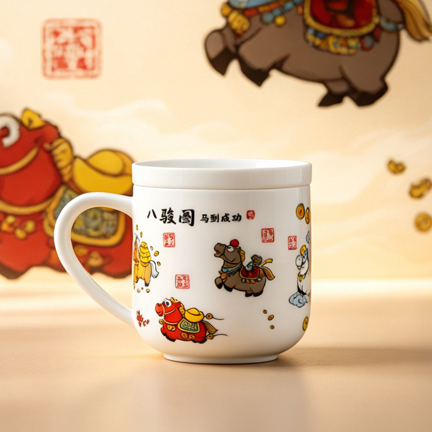 羊脂玉瓷八骏图卡通陶瓷办公室茶杯高颜值马克杯带盖可爱水杯送礼