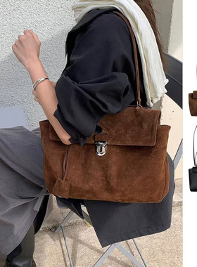 W3韩国小众秋冬Ribbonbit棕色麂皮绒面单肩包通勤锁扣腋下斜跨包