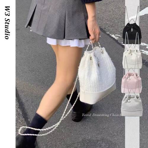 25春夏韩国小众八奶小香风双肩包女粗花呢链条水桶甜美小背包