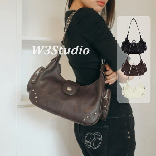 W3Studio韩系小众新款ason机车包铆钉腋下斜挎包可拆卸肩带单肩包