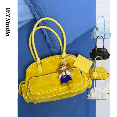 出口品质多口袋真皮黄色保龄球包