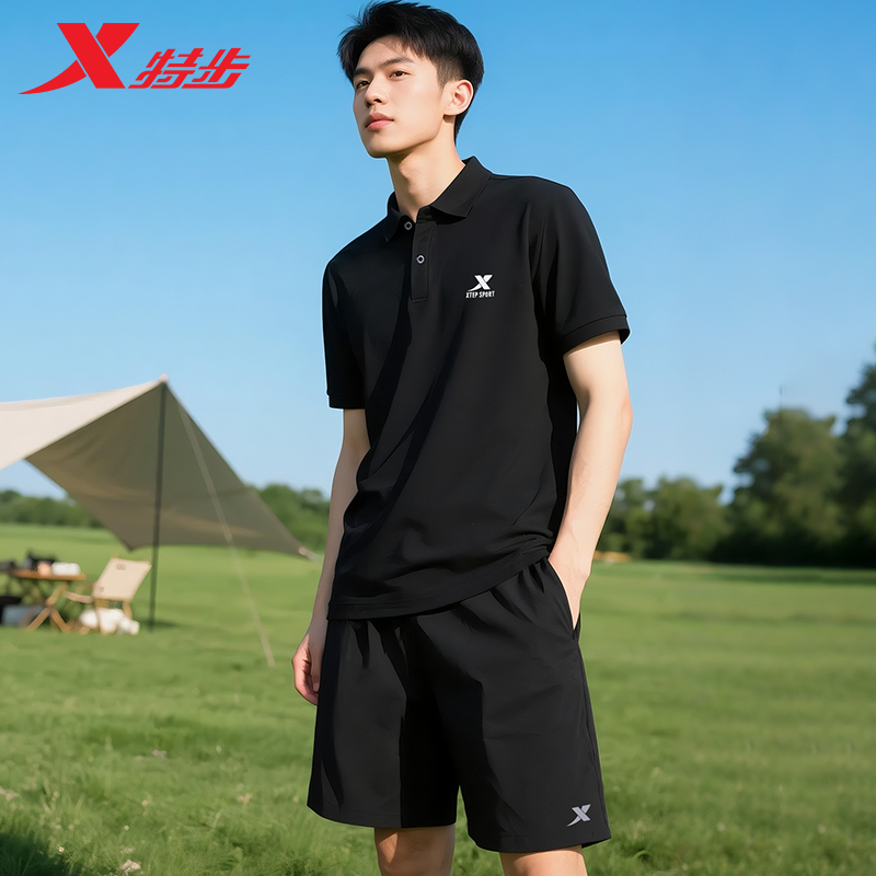 特步速干套装男2025夏季薄款透气爸爸装时尚休闲Polo衫梭织运动裤