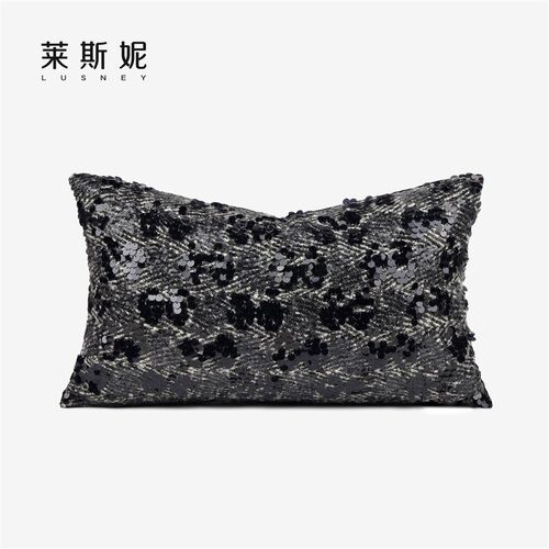 小香风样板间高档酒店样板间黑色珠片棉绒抱N枕软装沙发靠垫腰枕