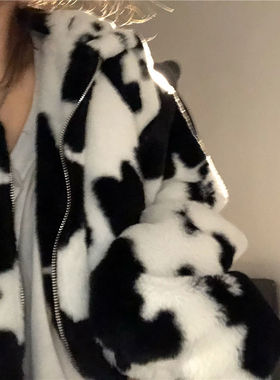 Hoodies Women Winter Furry Cows Pattern Hooded CoatX Womens