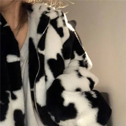 Hoodies Women Winter Furry Cows Pattern Hooded CoatX Womens