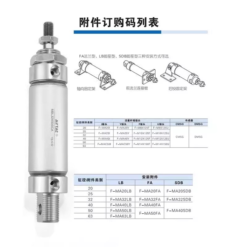 亚德客铝合金迷e你气缸MBL40X50*75*100*125*150*175*200*225SCA