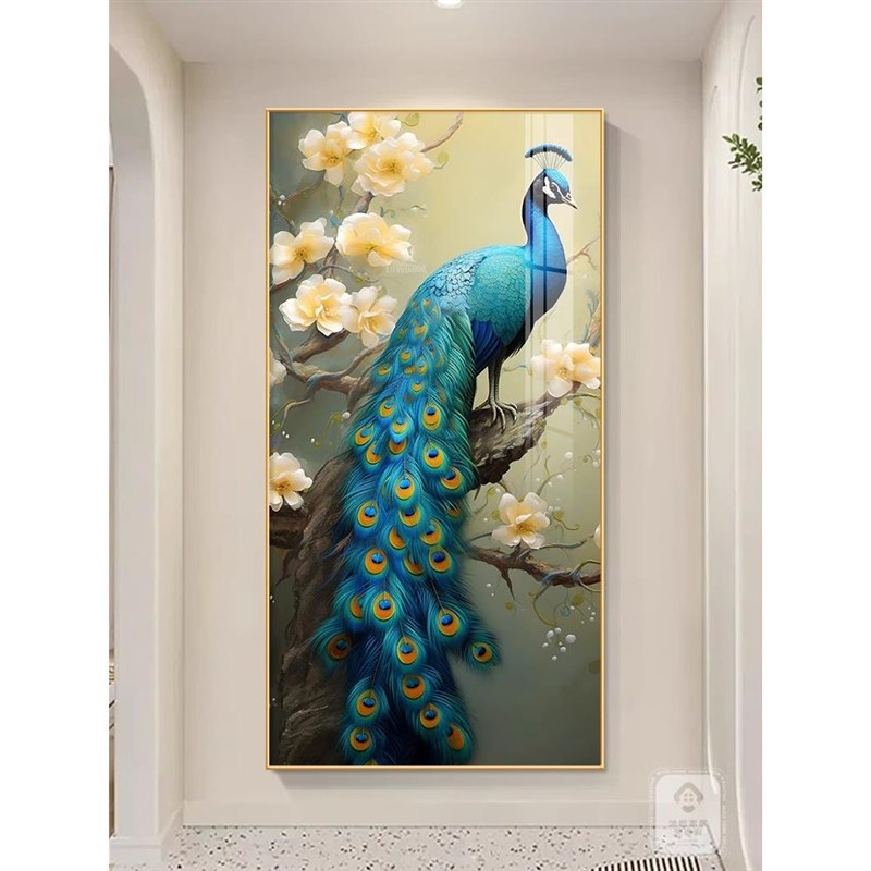 孔雀装饰画入户玄关正对门走廊过道尽头挂画现代W简约大气壁画图片