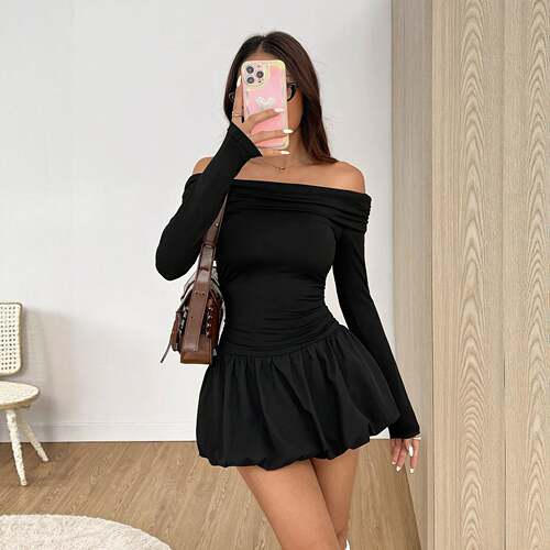 Women's off Shoulder Long Sleeves Ruched Fitted Bodycon