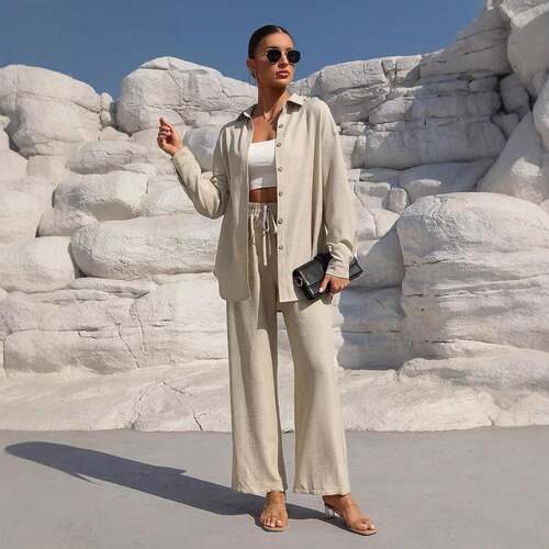 Women Sleeve Button Up Blouse Leg Trousers Co ord Color 2