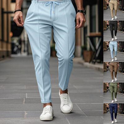 Men Color Split Hem Pants Waist Straps Casual Comfy Trousers