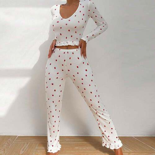 Two Set Women Strawberry Print Ruffle Hem Pyjama Casual