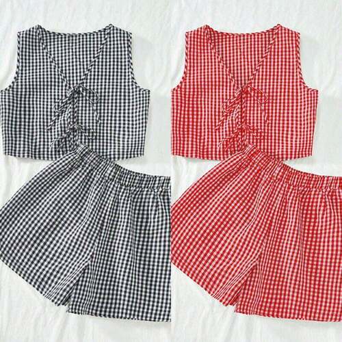 2-piece plaid striped sleeveless crop vest top and