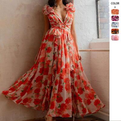 Plus Size Floral Boho Ruffle Hem and Thigh Slit Print Dress