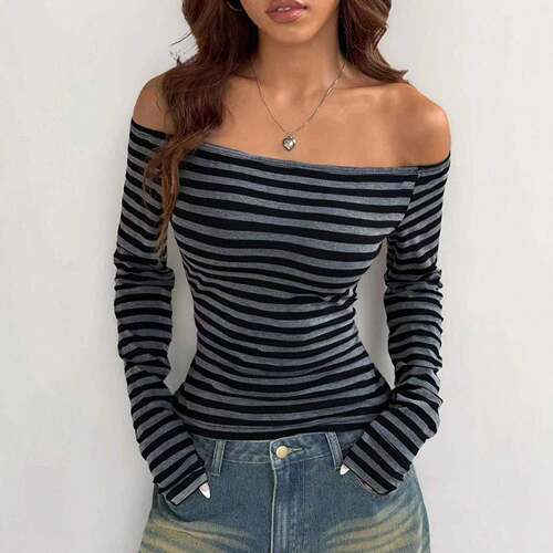 Women's Striped Print Off Shoulder Crop Tee