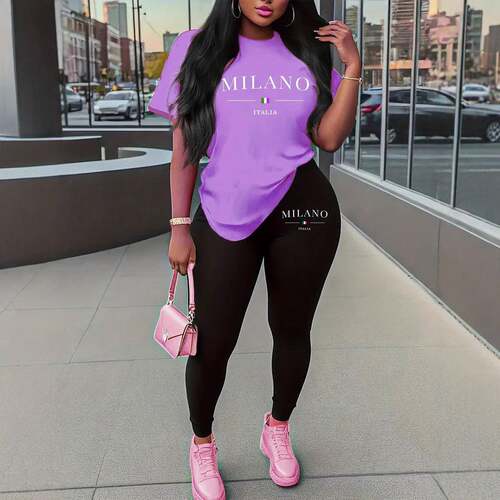 Two-Piece Set Women's Letter & Flag Print Tee & Shorts