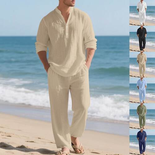 Men Color Button Detail Linen Shirt Fashionable Casual Wear
