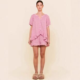 Buenoble Women Gingham Pajama Set Ruffle Shorts Lounge
