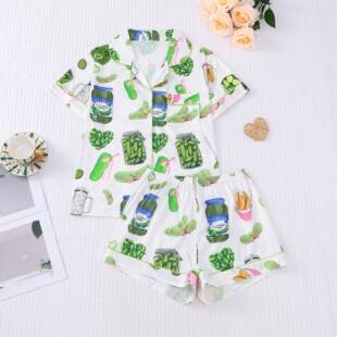 Women Cucumber Print Sleeve Pajama Set Casual Comfy Button