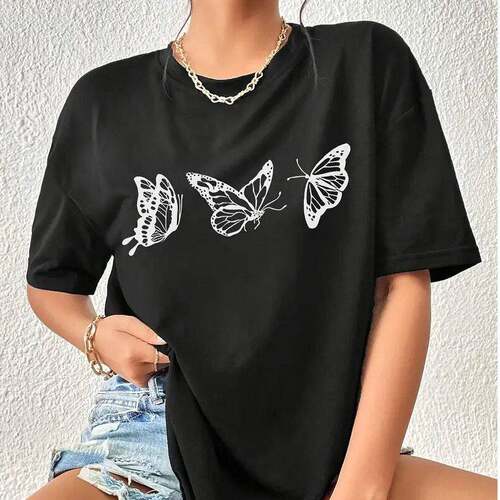 Women's Butterfly Graphic Print Round Neck Jersey Tee
