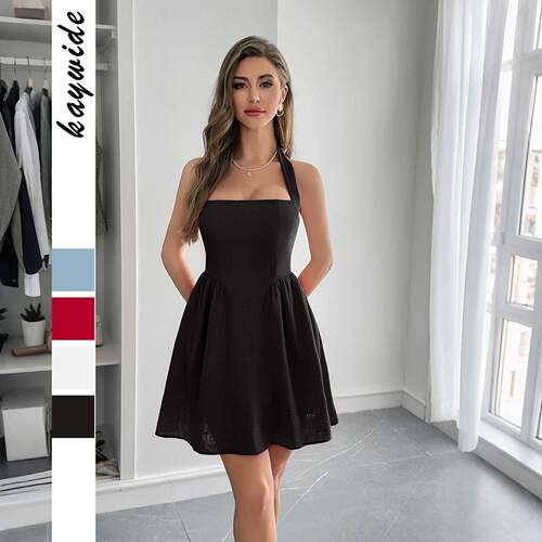 Women Halter Backless Dress Summer Flowy Line Smocked Waist