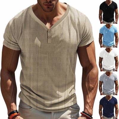 Men V Neck Button Up Sleeve Tee Casual Comfy Plain shirt