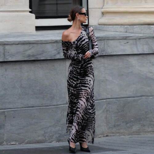 Women's Fashion Zebra Print off Shoulder Dress