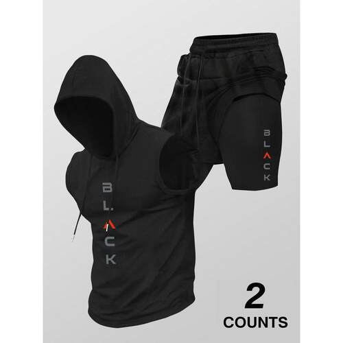 Two Set Men Hooded Tank Shorts Regular Casual Sleeveless